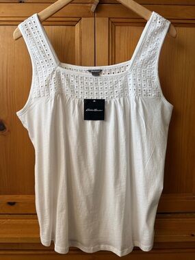 NWT Eddie Bauer 100% Cotton White Everyday Cutwork Square Neck Tank, Large